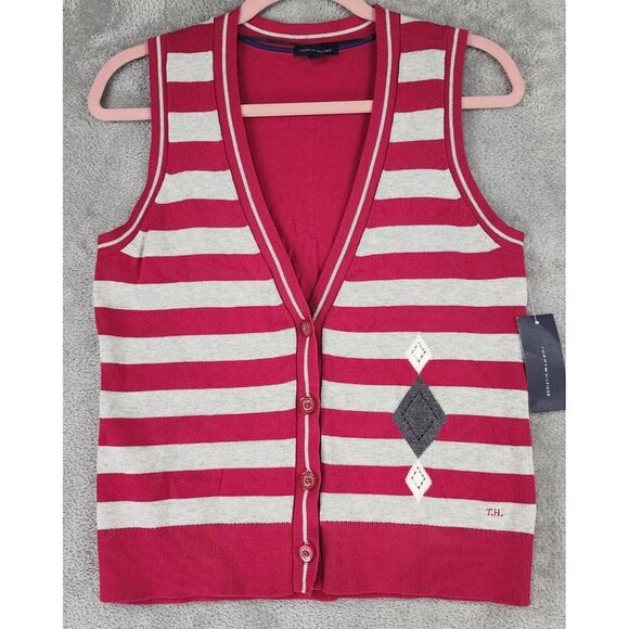 Tommy Hilfiger Sweaters - Tommy Hilfiger Sweater Vest Womens Medium Red Gray Striped Button Up Preppy